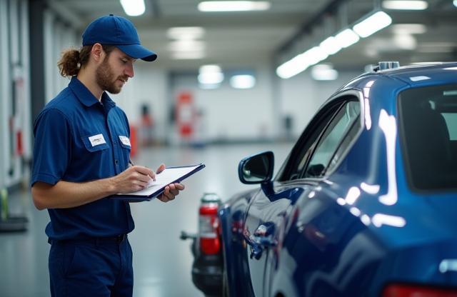 PureWash Auto Care staff member inspecting a car with a notepad.