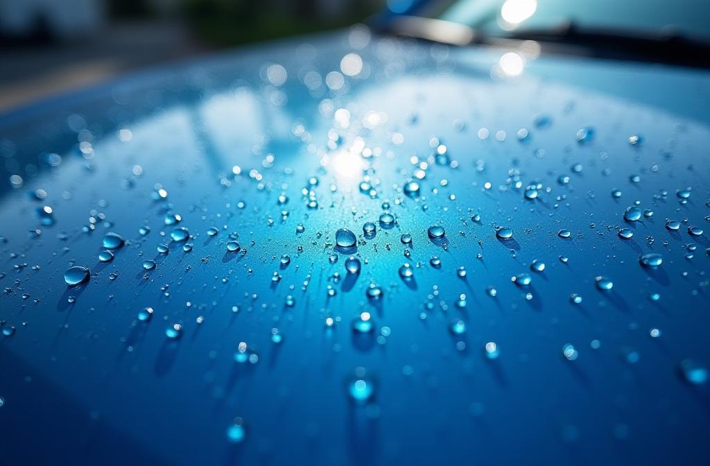 Close up of a sparkling clean car hood with water drops.